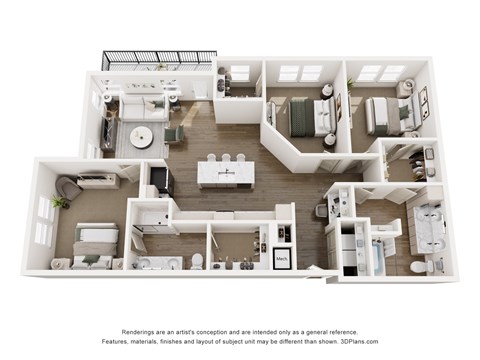A 3D floor plan of The Carroway (3-bed 2-bath) with an open-concept layout large kitchen and island and walk-in closets